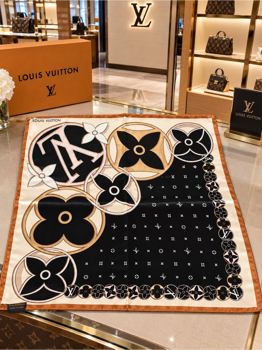 Louis Vuitton, black and gold scarf